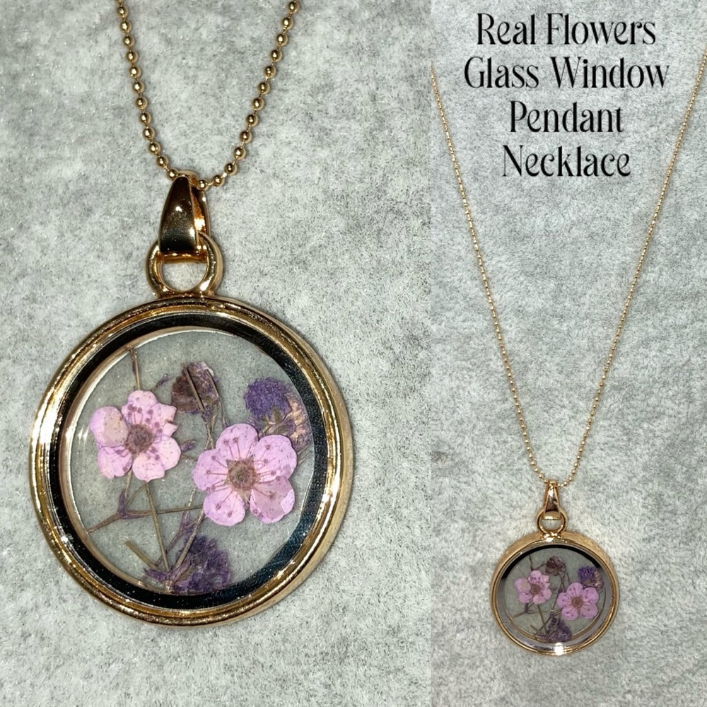 3-$15 Lavender Flowers Glass Window Pendant Necklace